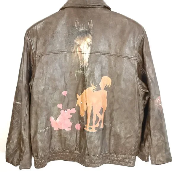 Leather Jacket Women's Large? Brown Zip Front Hand Painted Horses Modified - Picture 8 of 16